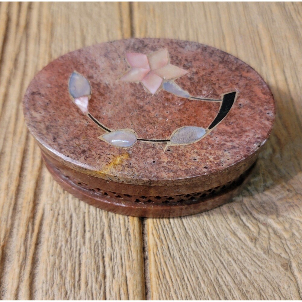 Carved Soapstone Inlaid Mother-of-Pearl Trinket Box